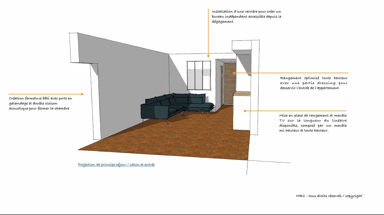 Consultation d’architecte d’intérieur sur Aix-En-Provence pour aménagement séjour, salle à manger et entrée avec optimisation des rangements sur mesure.