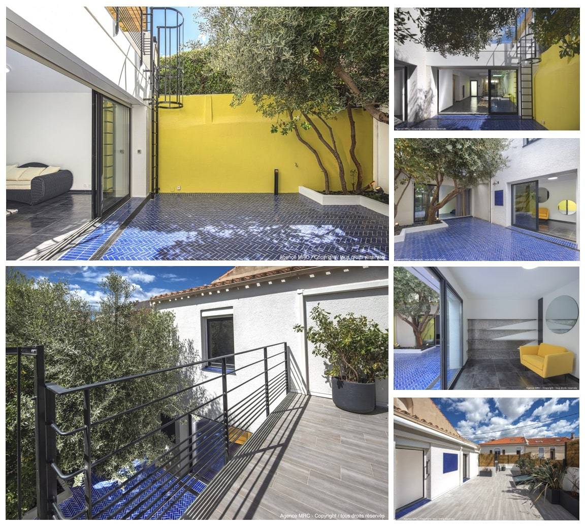 Architecte paysagiste à Marseille pour l'aménagement d'un patio avec terrasse en carrelage bejmat méditerranéen, incluant une balustrade sur mesure et échelle crinoline
